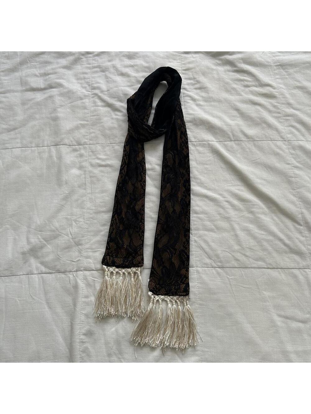 Ozz On Black Floral Lace Scarf Ivory Fringe Sheer Gothic Japan